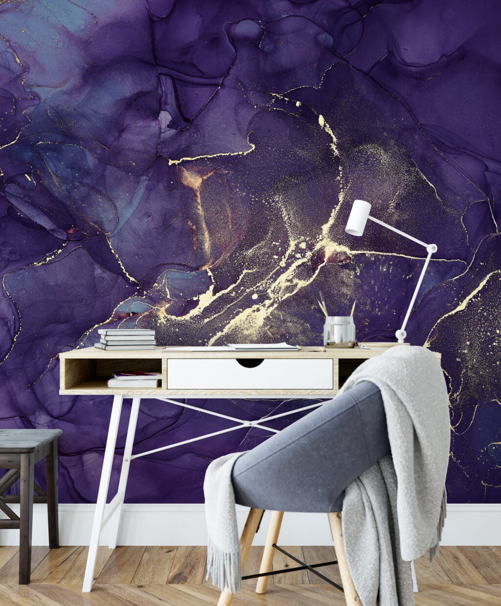 Dark Purple Marble Design With Yellow Highlights Wallpaper, Royal Marble Effect Peel & Stick Wall Mural