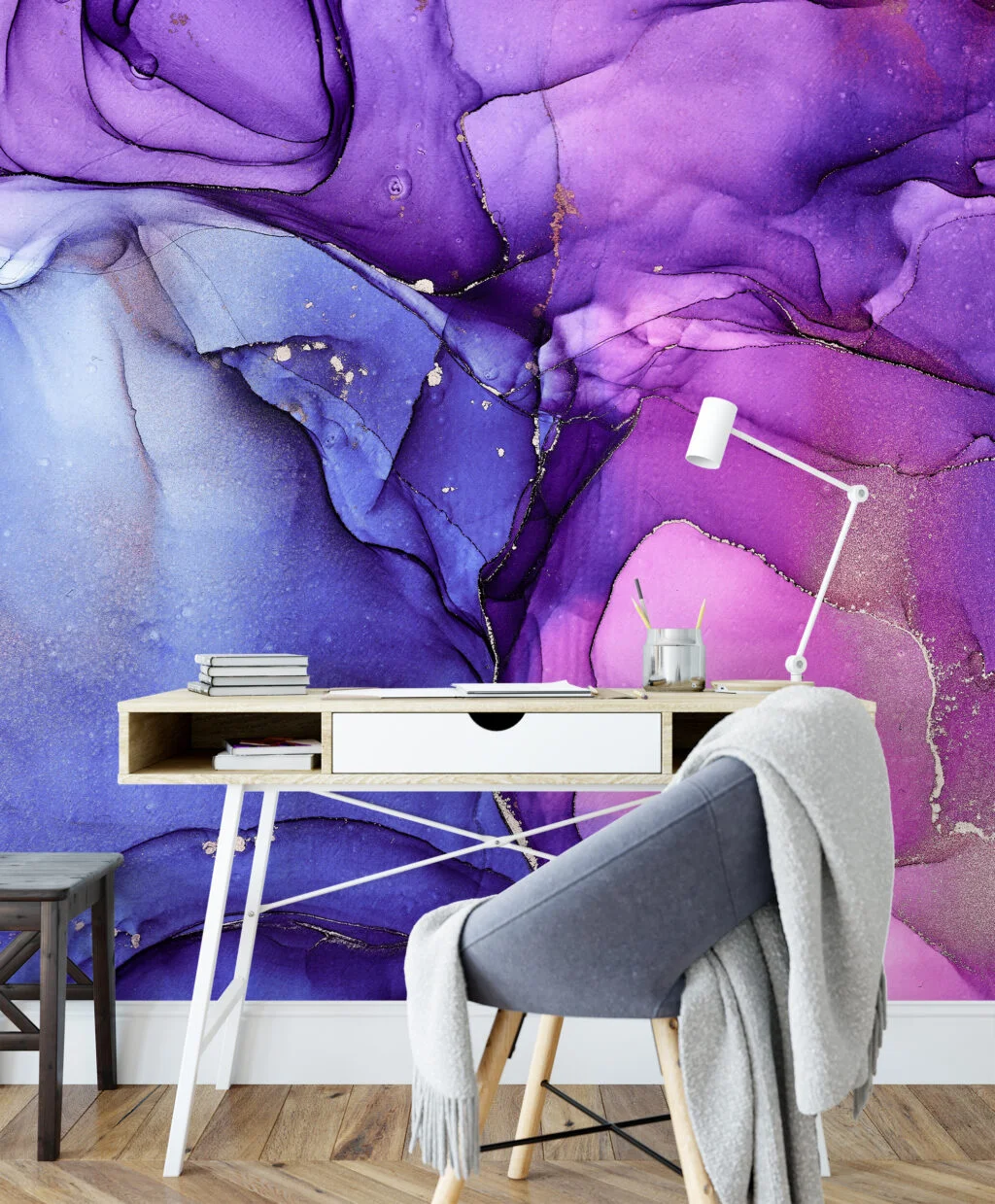 Bright Purple And Blue Alcohol Ink ArtWallpaper, Enchanted Violet Marble Peel & Stick Wall Mural