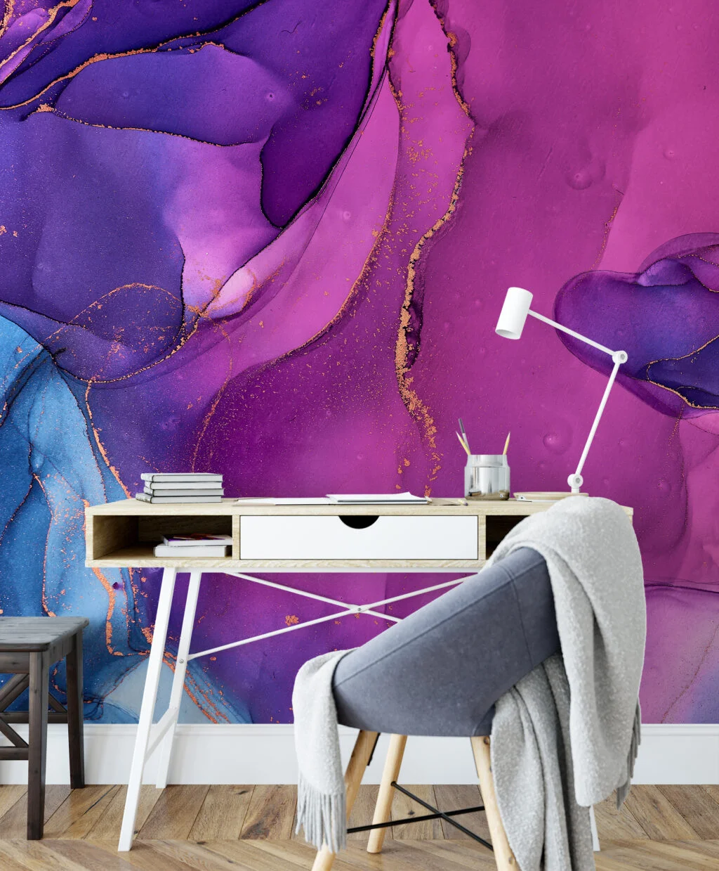 Dark Pink Purple And Blue Alcohol Ink Art Marble Wallpaper, Enchanting Lavender Swirls Peel & Stick Wall Mural