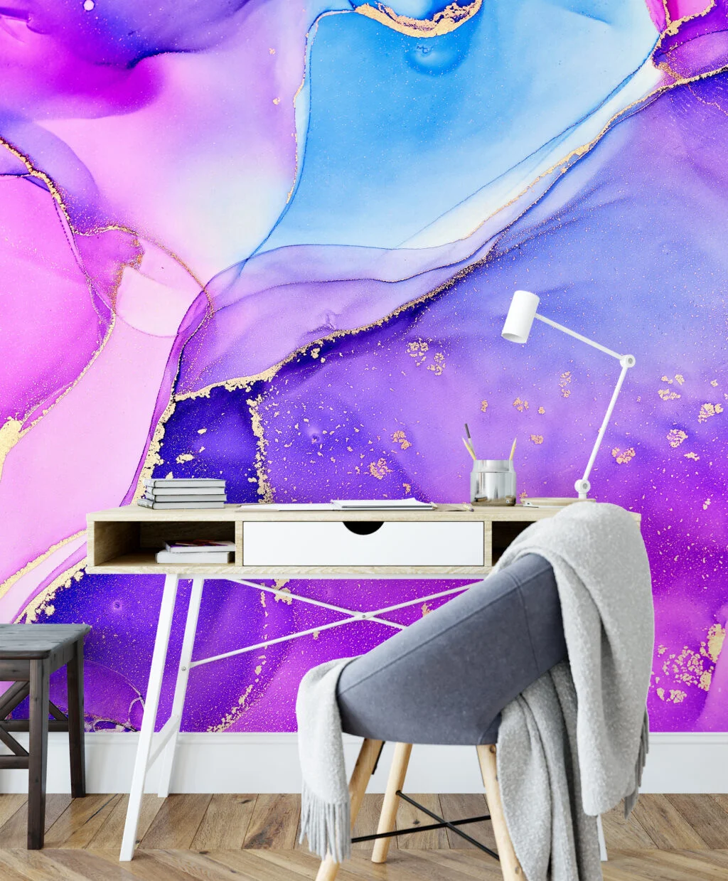 Colorful Alcohol Ink Art Marble Wallpaper, Elegant Purple and Blue Marble Peel & Stick Wall Mural