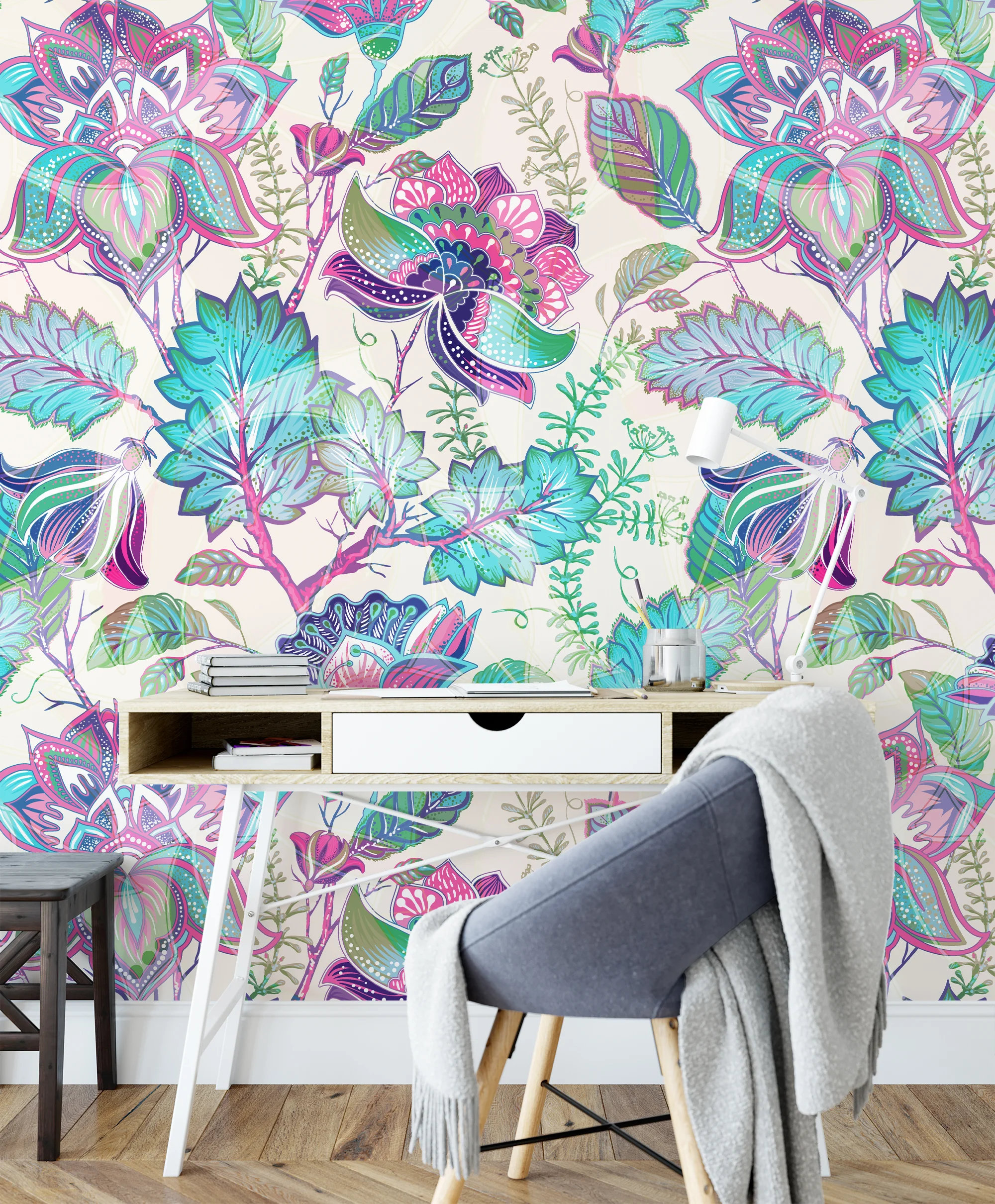 Floral Damask Paisley Illustration Wallpaper, Whimsical Floral Fantasy Peel & Stick Wall Mural