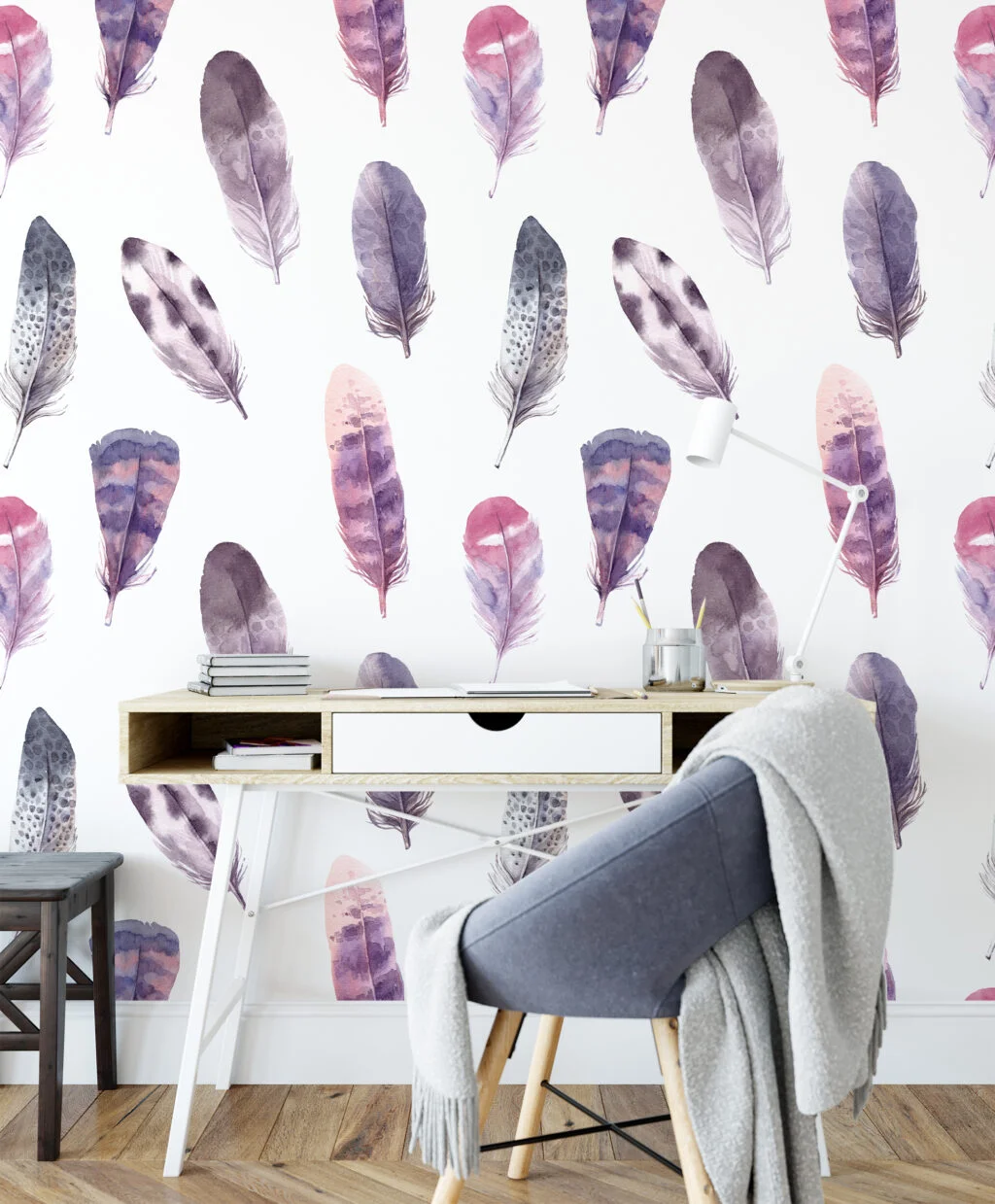 Watercolor Pastel Feathers Pattern Wallpaper, Whispering Soft Feathers Peel & Stick Wall Mural