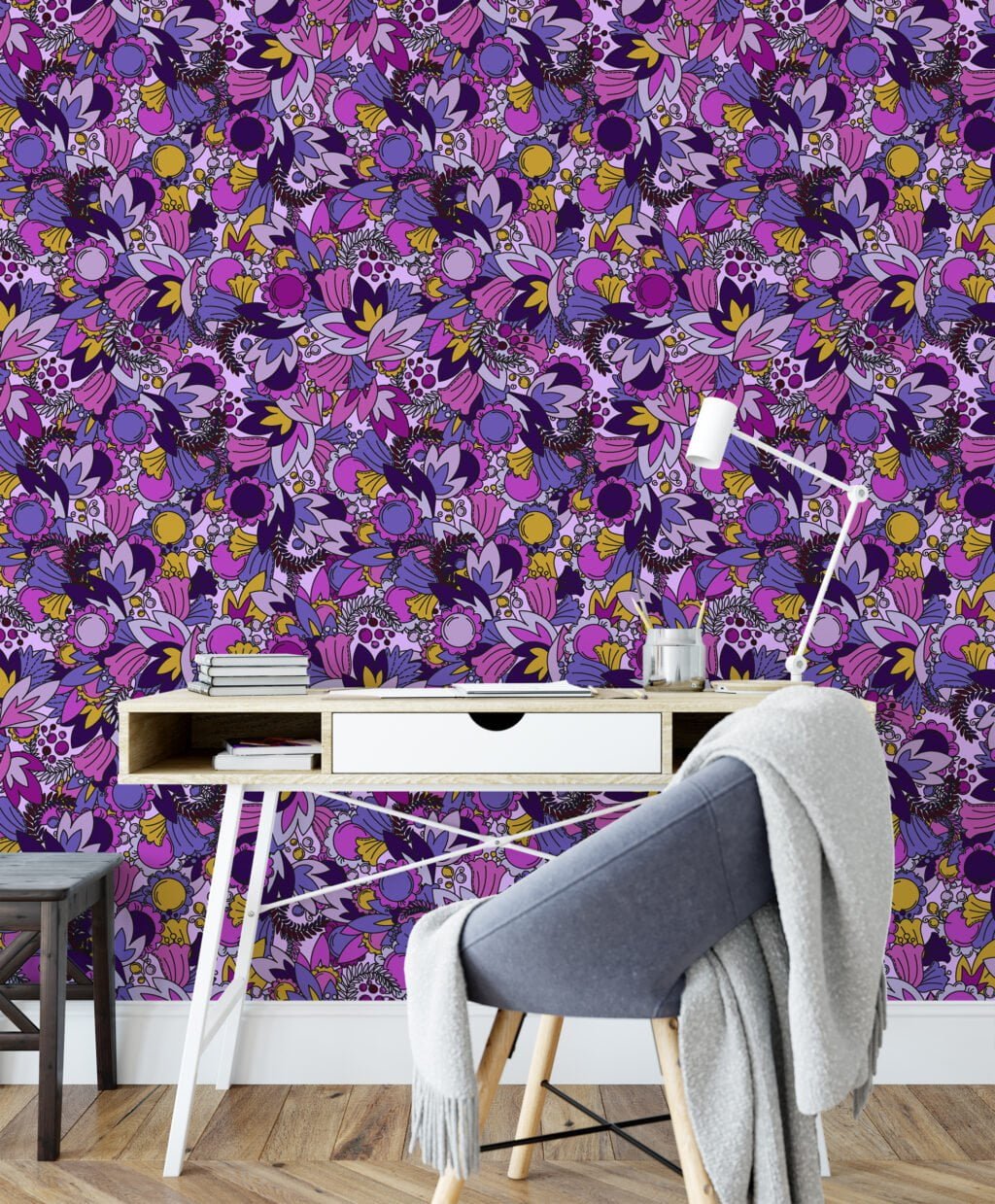 Purple Shades Floral Illustration Wallpaper, Bold and Contemporary Design Peel & Stick Wall Mural