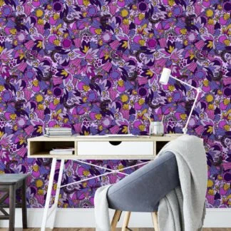 Purple Shades Floral Illustration Wallpaper, Bold and Contemporary Design Peel & Stick Wall Mural