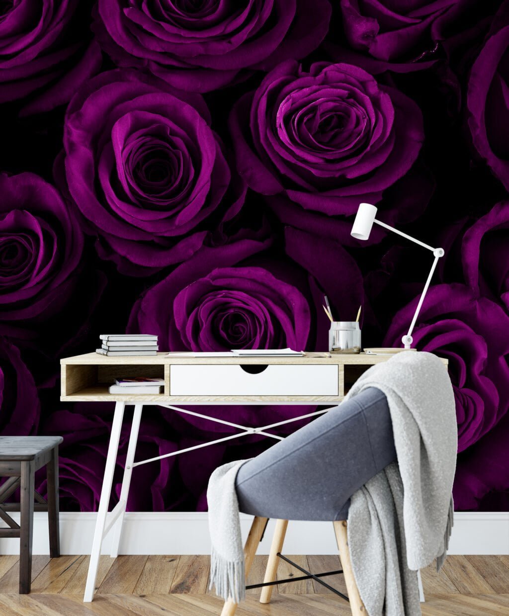 Floral Deep Purple Roses Wallpaper, Midnight Velvet Roses Peel & Stick Wall Mural