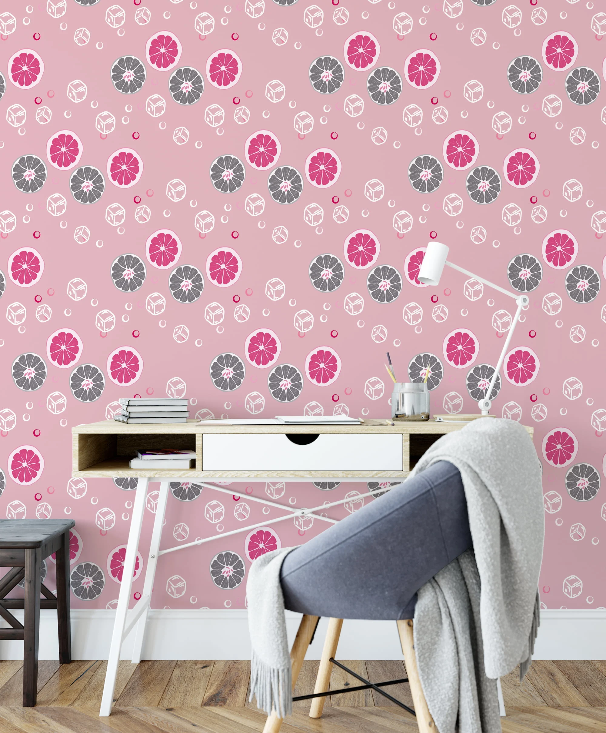 Pink And Grey Citrus Slices With Ice Illustration Wallpaper, Playful Pink Lemonade Peel & Stick Wall Mural