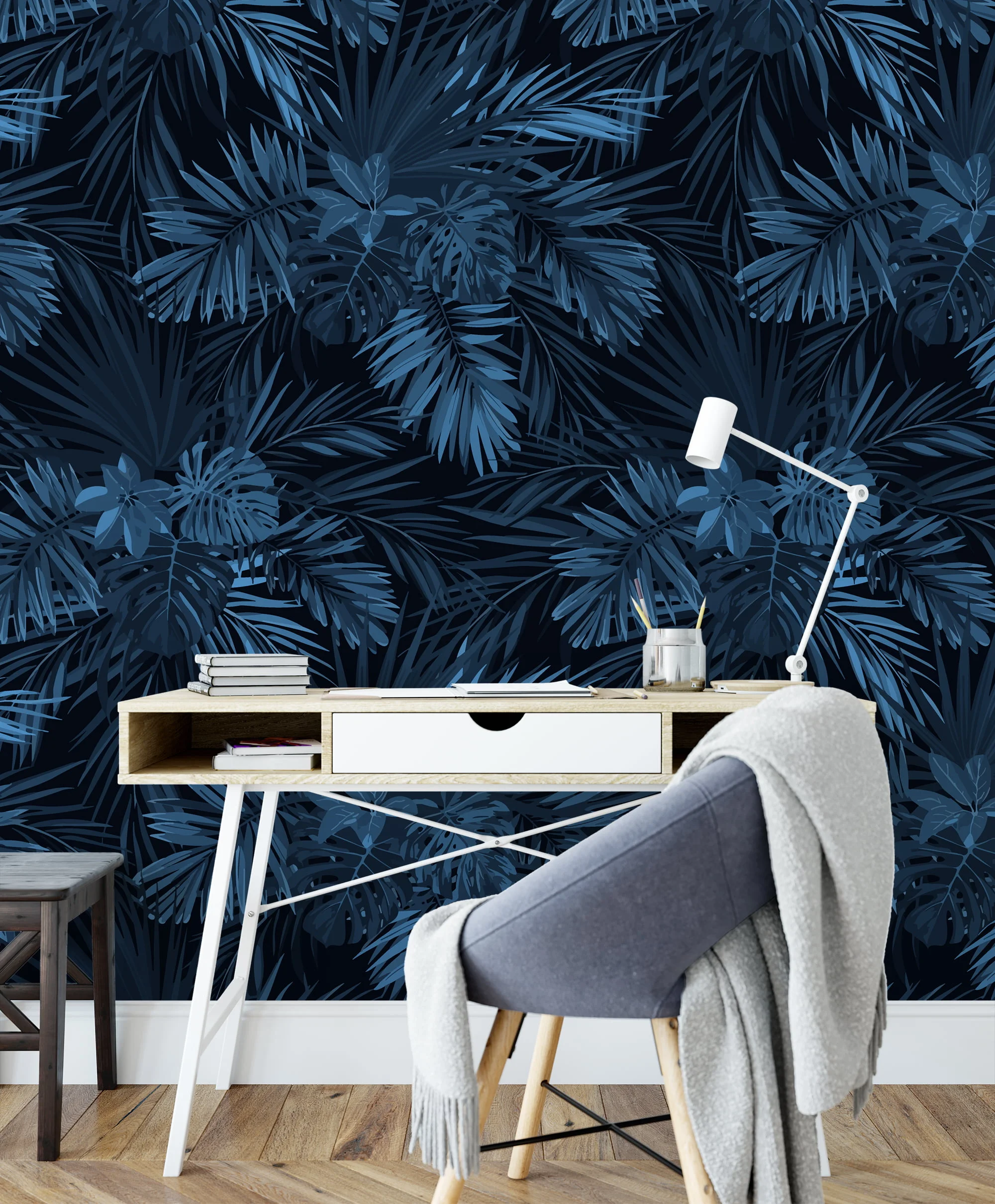 Midnight Blue Tropical Leaves Illustration Wallpaper, Luxury Dark Peel & Stick Wall Mural