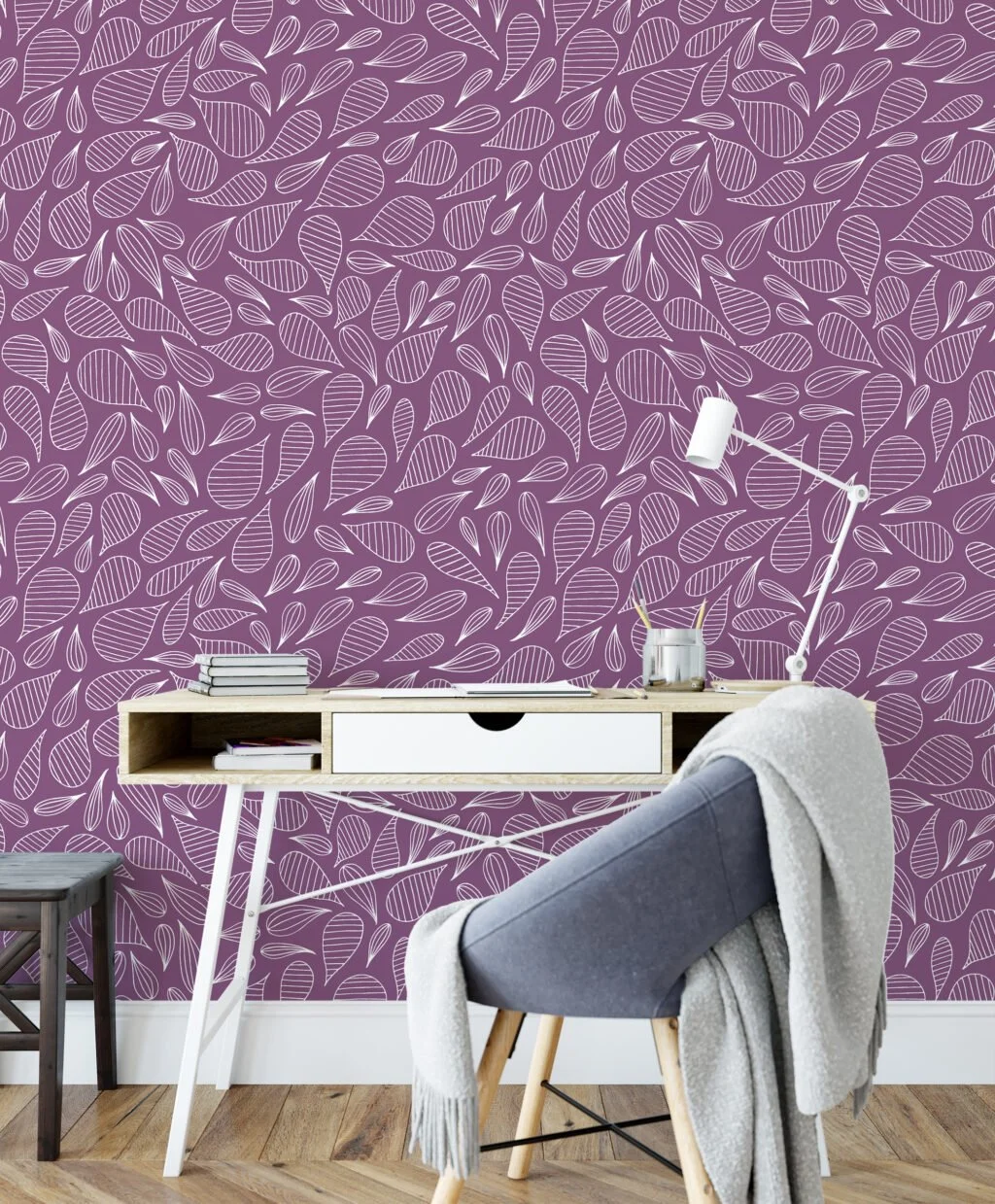 White outlined Abstract Leaves With A Purple Background Wallpaper, Whimsy Leaf Pattern Peel & Stick Wall Mural