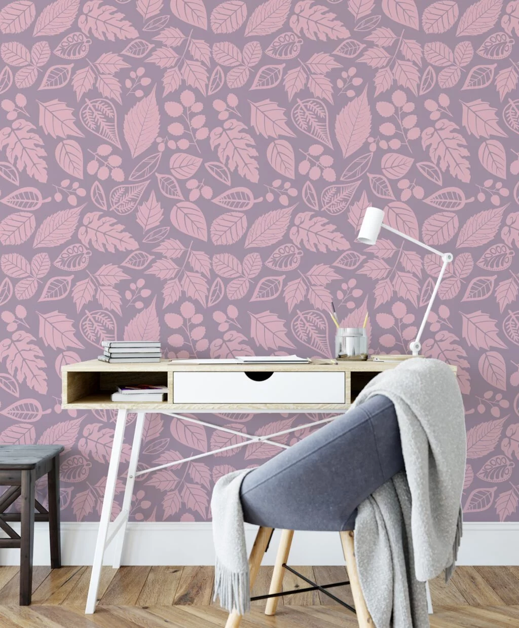 Flat Art Fall Leaves Illustration Wallpaper, Pastel Botanical Elegant Peel & Stick Wall Mural