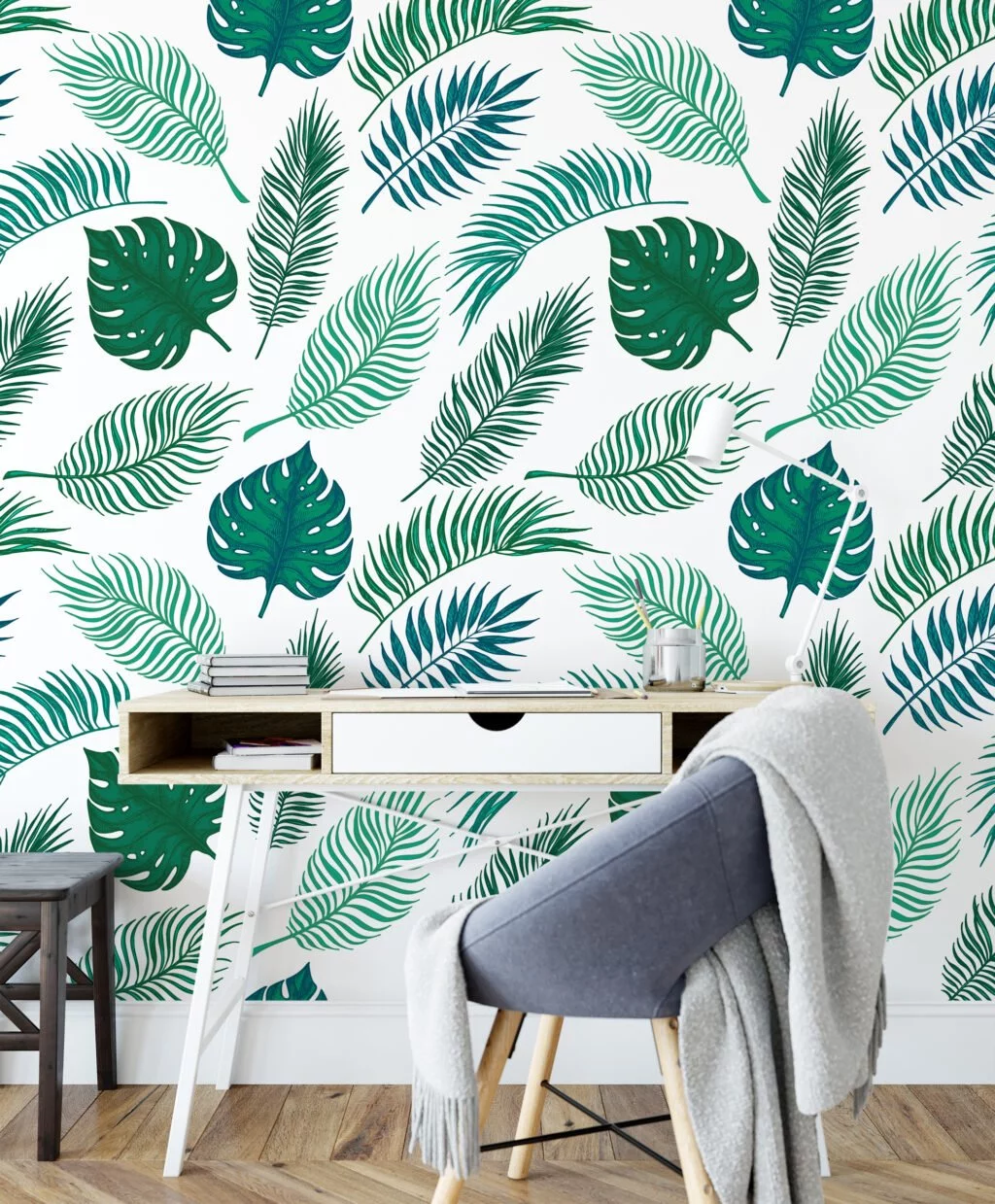 Tropical Leaves Illustration With A White Background Wallpaper, Assorted Greenery Peel & Stick Wall Mural