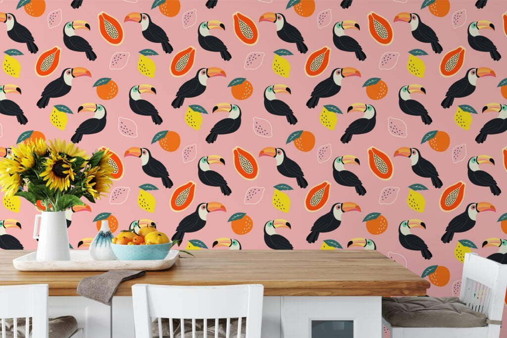 Flat Art Fruits And Toucans With A Pink Background Illustration Wallpaper, Vibrant Pink Kids' Decor Peel & Stick Wall Mural