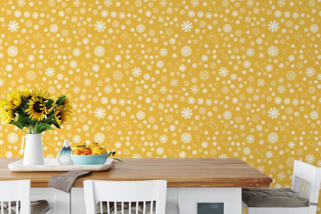 White Snowflakes On A Yellow Background Illustration Wallpaper, Whimsical and Warm Peel & Stick Wall Mural