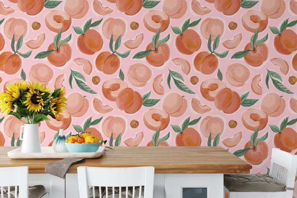 Peaches Pattern With Pink Background Wallpaper, Sweet Peach Fruit Peel & Stick Wall Mural