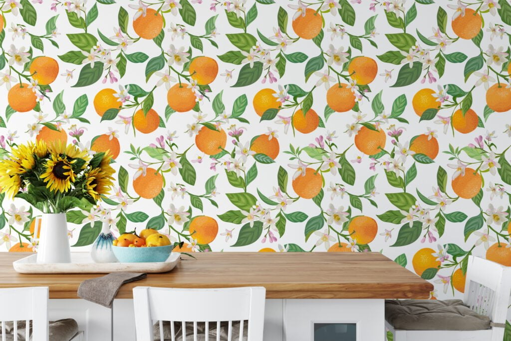 Oranges And Flowers Illustration Wallpaper, Fresh Oranges and Blossoms Design Peel & Stick Wall Mural