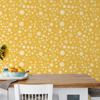 White Snowflakes On A Yellow Background Illustration Wallpaper, Whimsical and Warm Peel & Stick Wall Mural