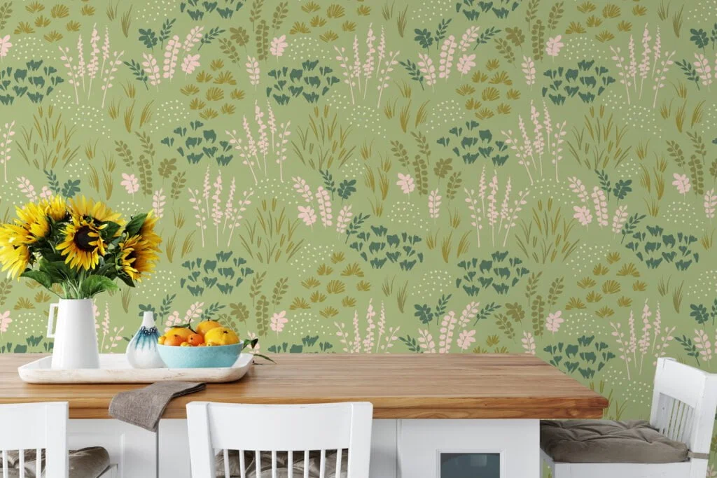 Green Flat Art Flowers And Leaves Illustration Wallpaper, Gentle Green Garden Peel & Stick Wall Mural