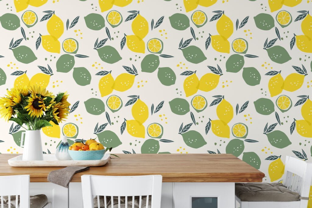 Lemon And Leaves Illustration Wallpaper, Zesty Lemon Grove Peel & Stick Wall Mural