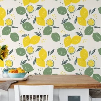 Lemon And Leaves Illustration Wallpaper, Zesty Lemon Grove Peel & Stick Wall Mural