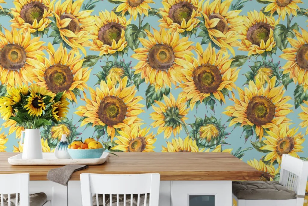 Watercolor Style Sunflowers Floral Illustration Wallpaper, Sunny Flower Peel & Stick Wall Mural