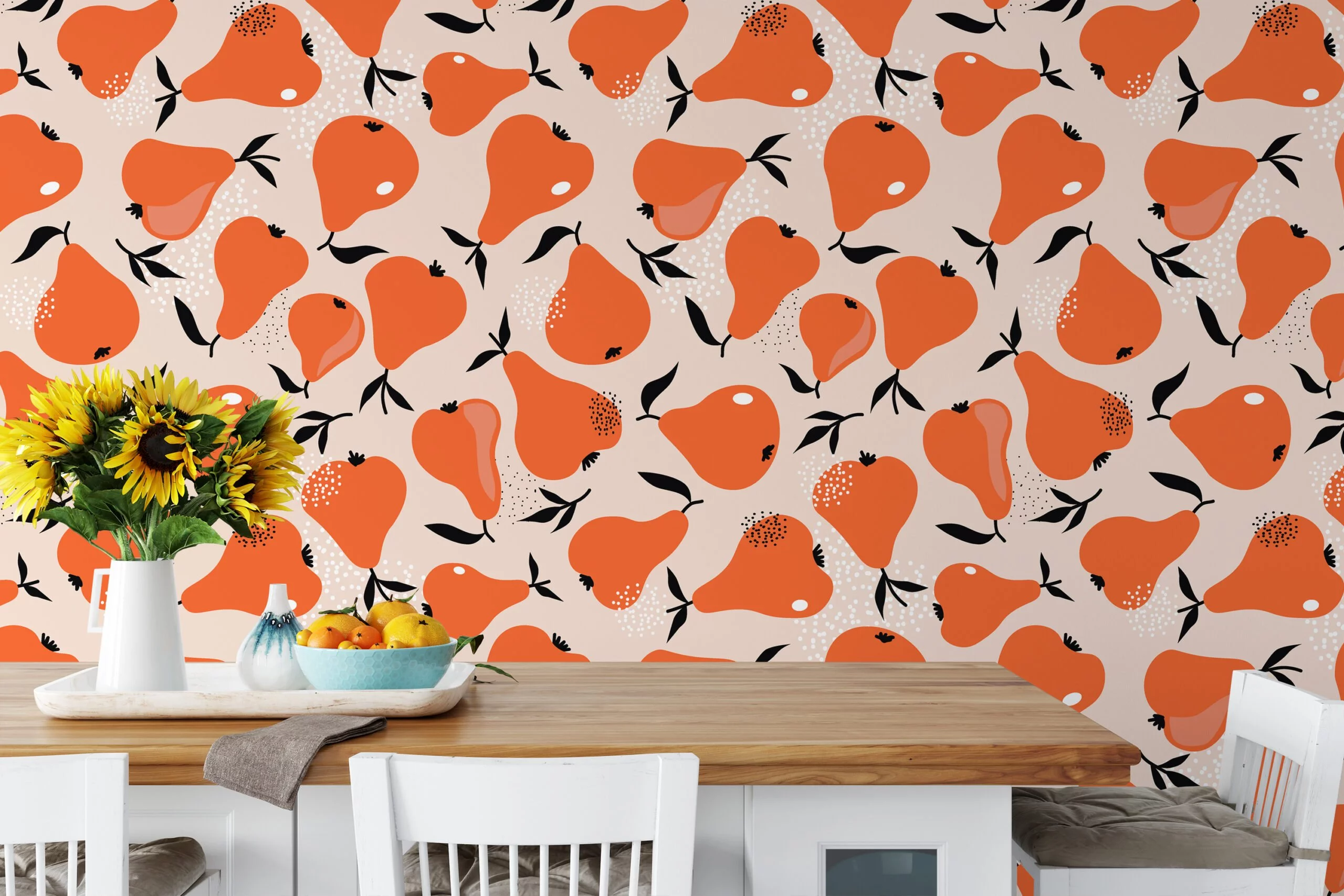 Simple Orange Pears Pattern Illustration Wallpaper, Abstract Autumn Pears Peel & Stick Wall Mural