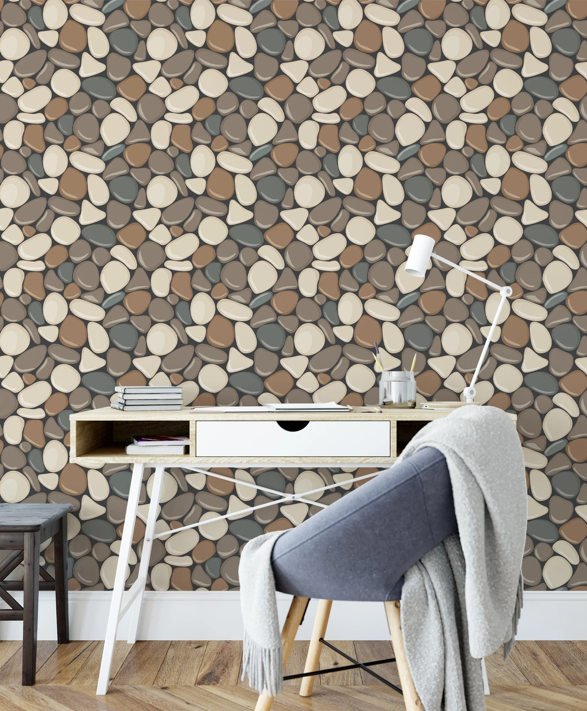 Cartoon Style Gravel Stone Pattern Wallpaper, Pebble Mosaic Faux Effect Peel & Stick Wall Mural