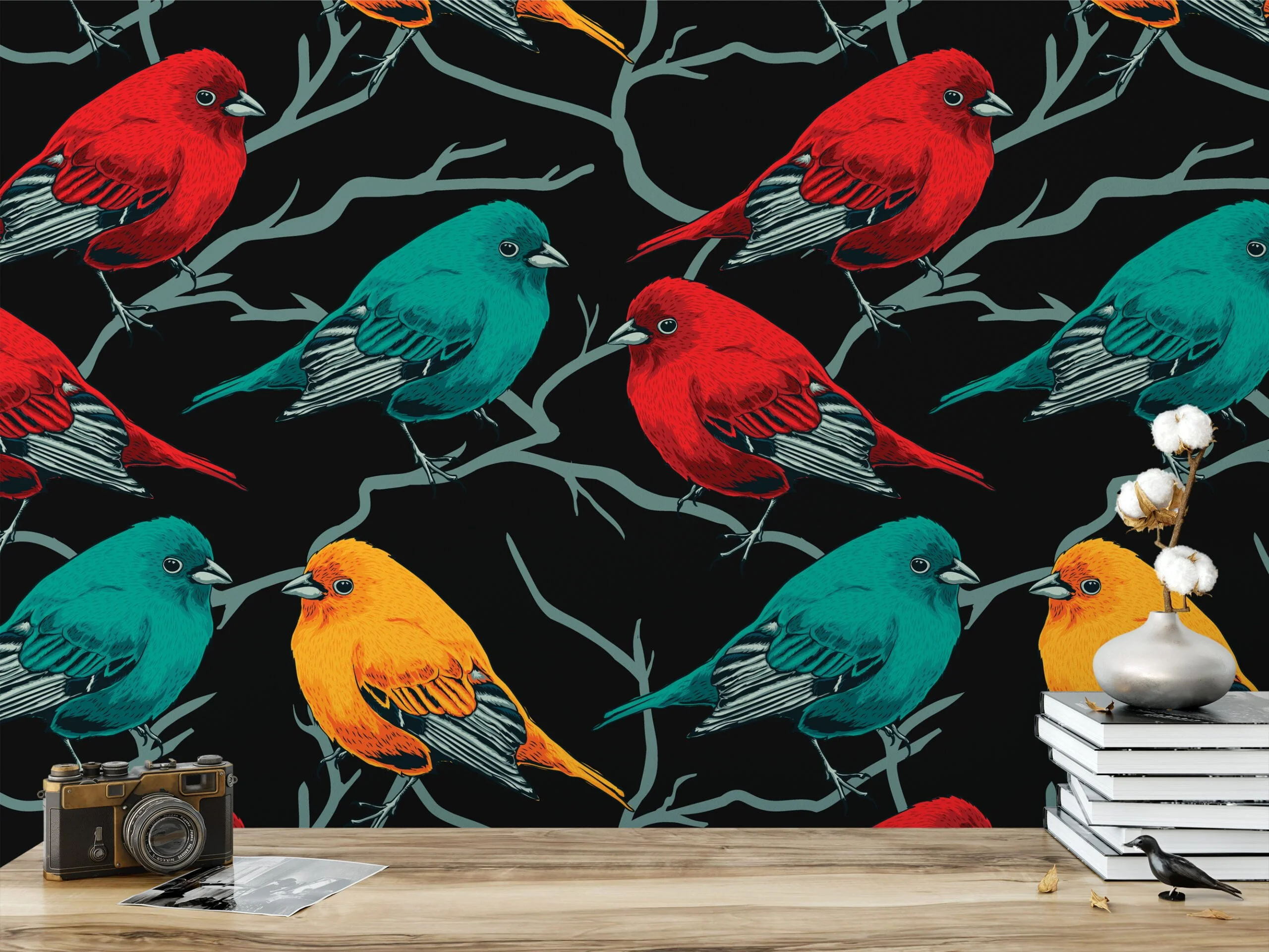 Retro Birds Pattern Wallpaper, Songbirds On Black Background Peel & Stick Wall Mural