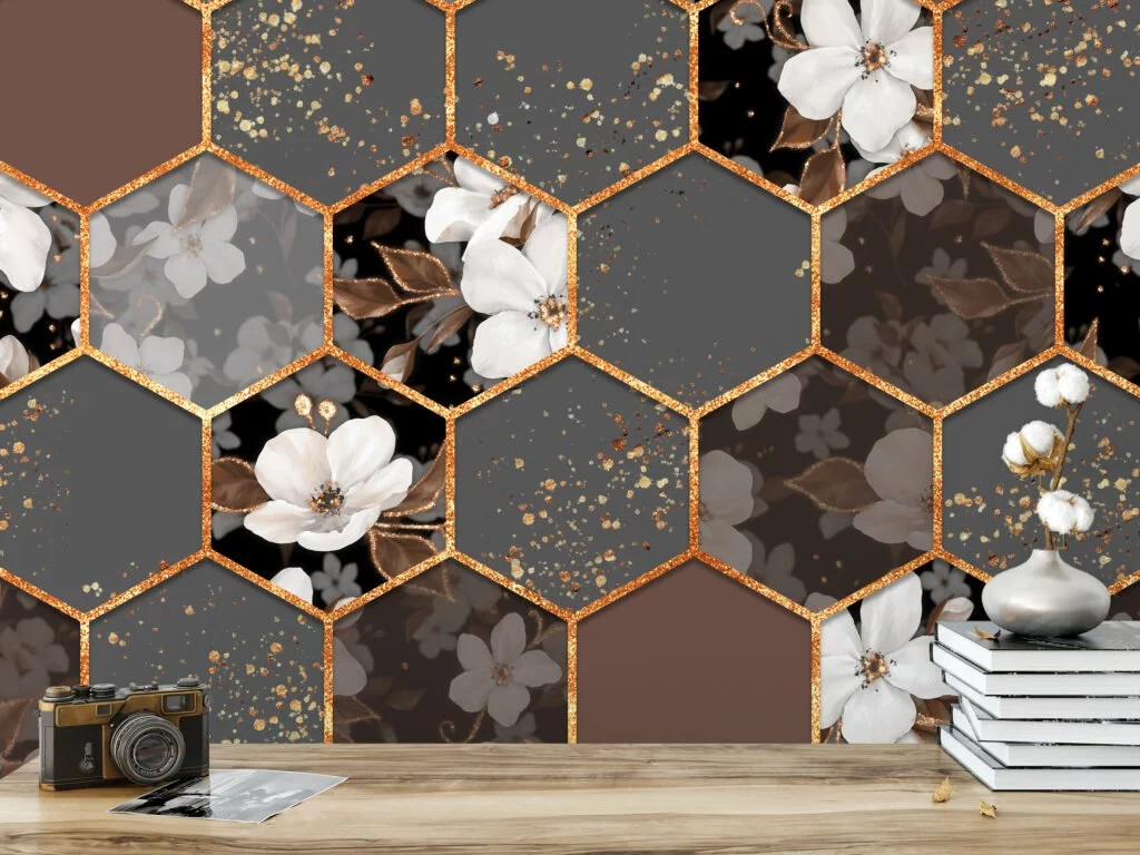 Grey And Brown Floral Hexagon Geometric Tiles Illustration Wallpaper, Elegant Flowers Peel & Stick Wall Mural