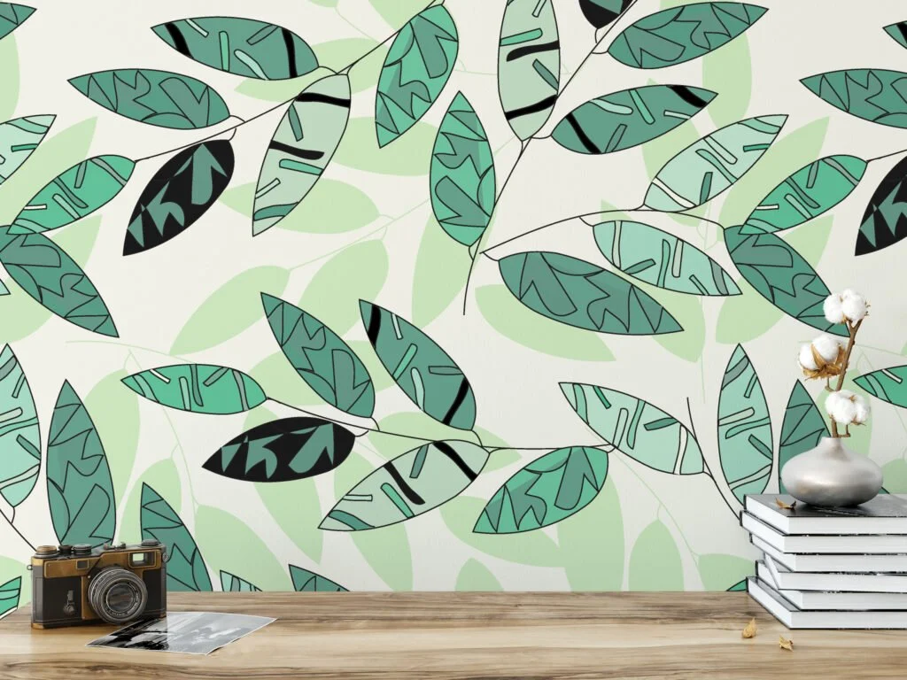 Outlined Green Leaves Wallpaper, Fresh Green Botanical Design Peel & Stick Wall Mural