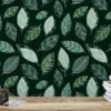 Dark Green Leaves With White Outlines Illustration Wallpaper, Serene Green Leaf Design Peel & Stick Wall Mural
