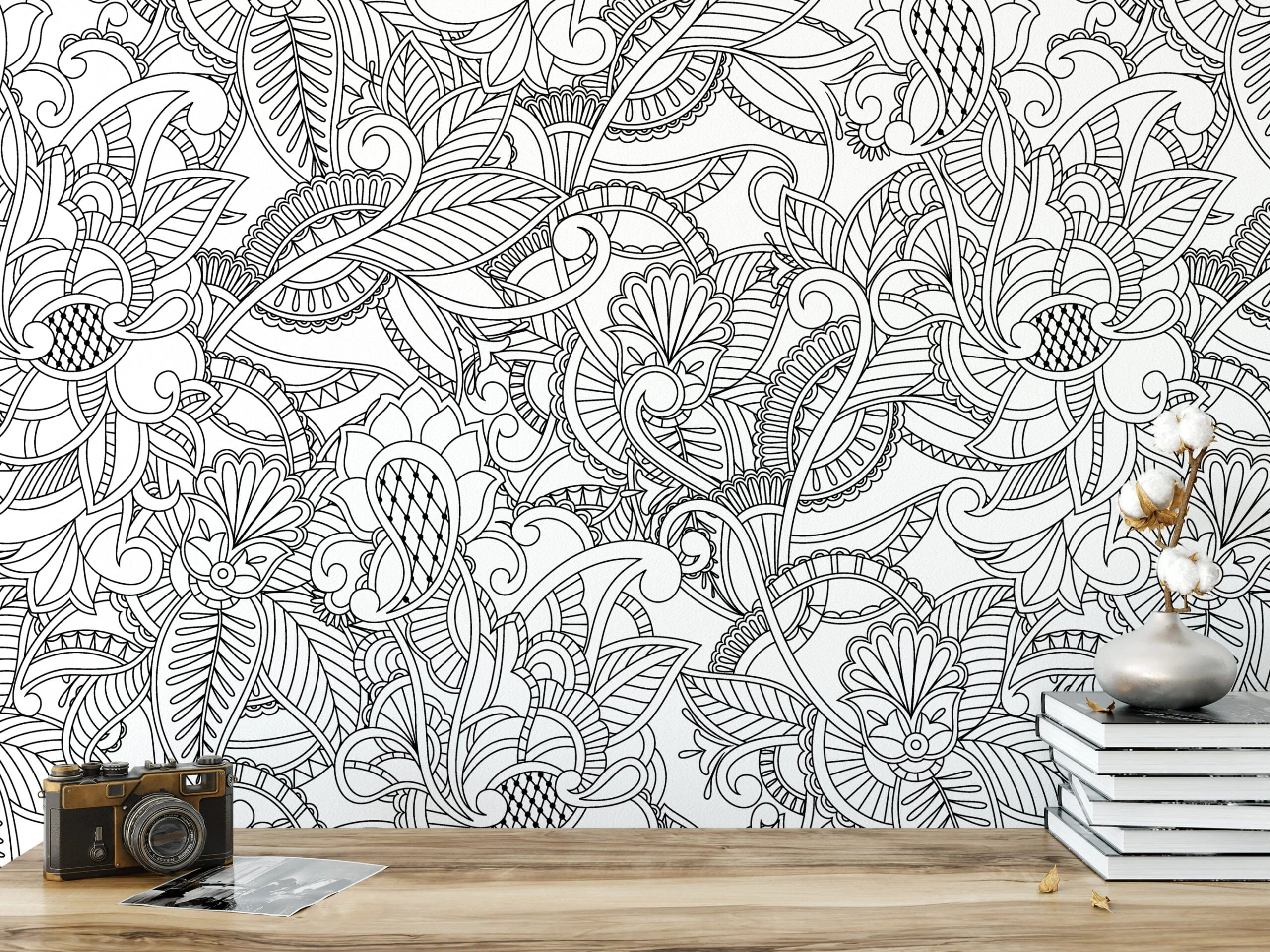 Black And White Paisley Line Art Wallpaper, Monochrome Botanical Peel & Stick Wall Mural