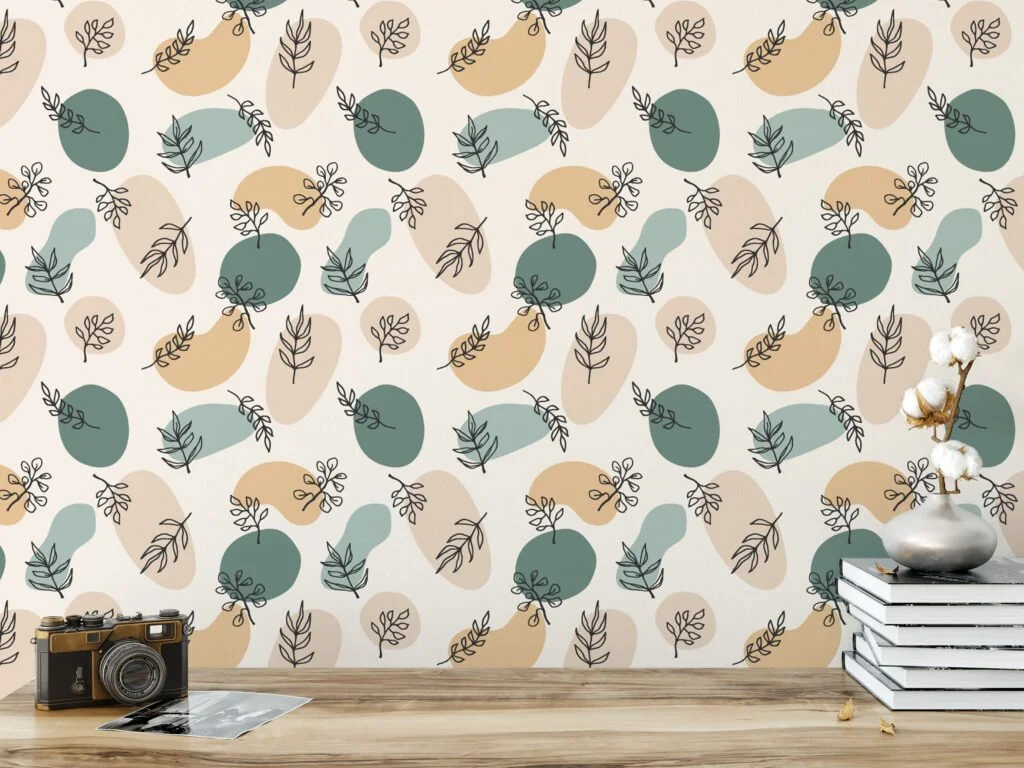 Abstract Boho Floral Line Art Illustration Wallpaper, Muted Green and Yellow Peel & Stick Wall Mural