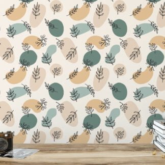 Abstract Boho Floral Line Art Illustration Wallpaper, Muted Green and Yellow Peel & Stick Wall Mural