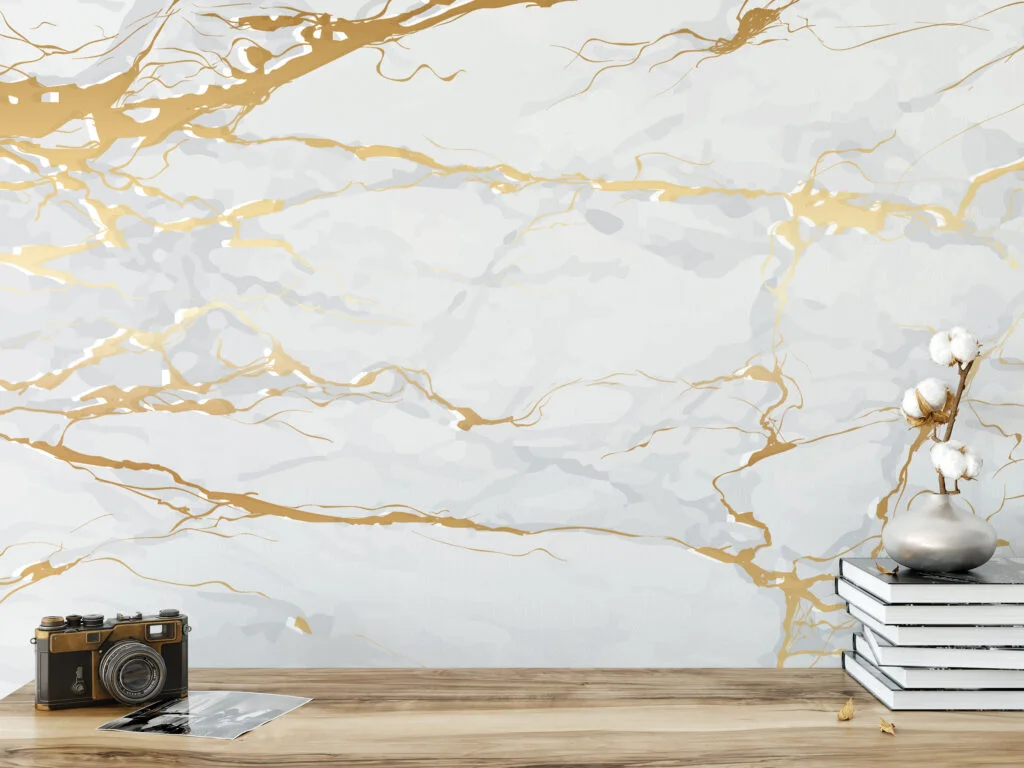 Gold And White Marble Wallpaper, Luxurious Faux Marble Illustration Peel & Stick Wall Mural