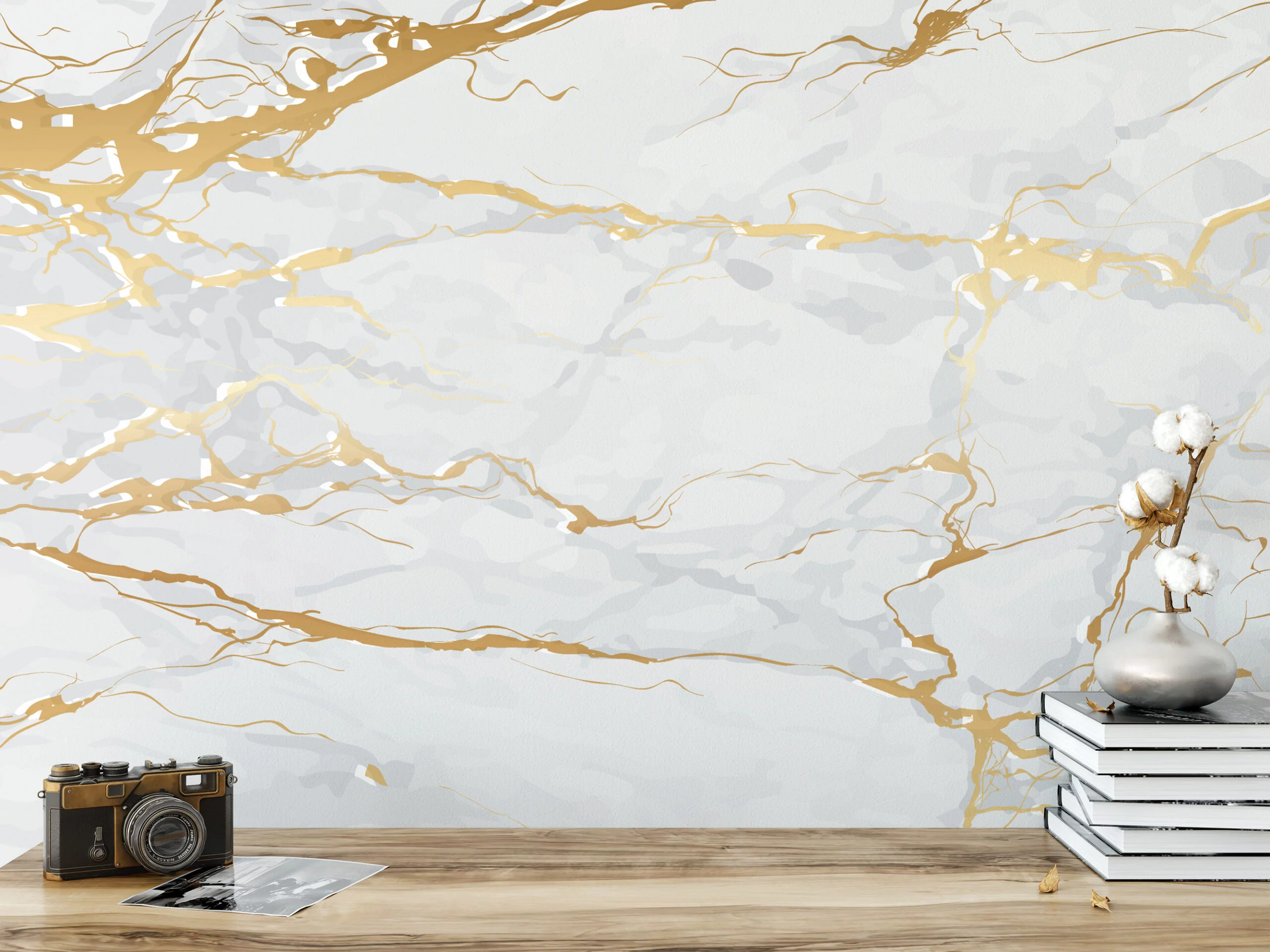 Gold And White Marble Wallpaper, Luxurious Faux Marble Illustration Peel & Stick Wall Mural