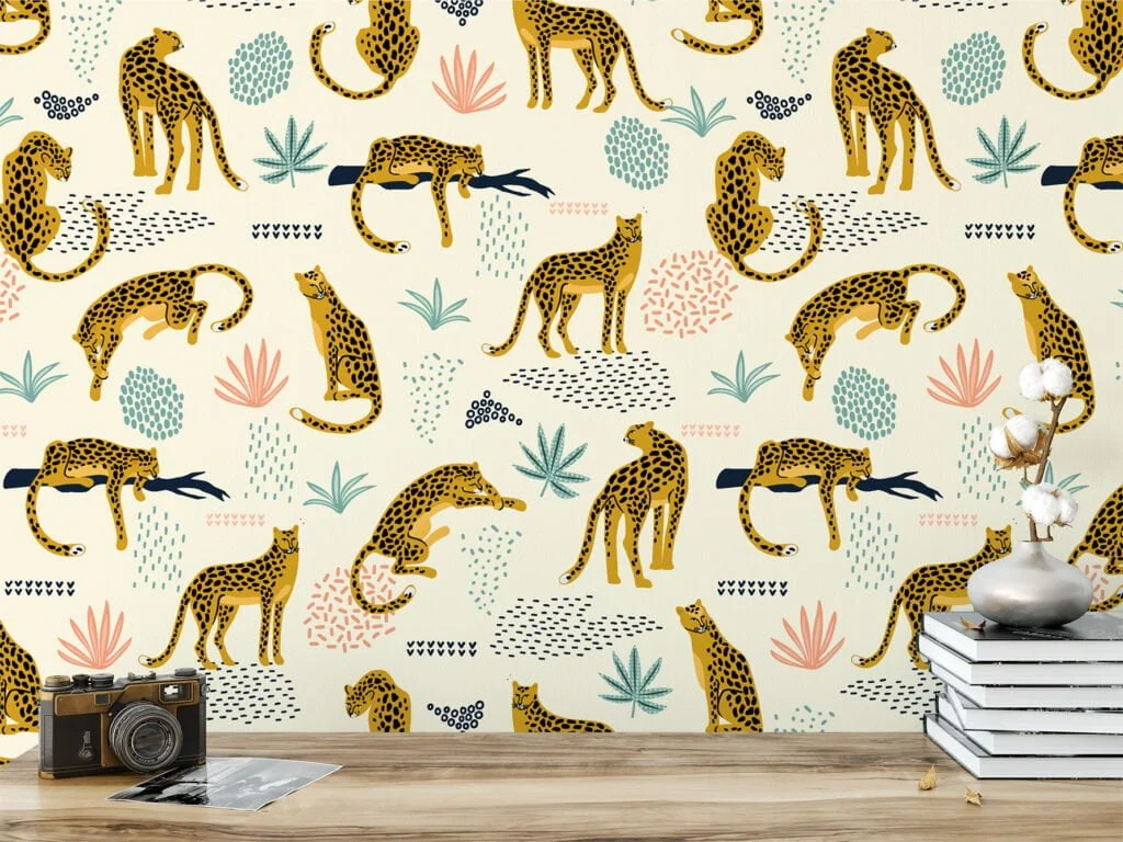 Abstract Leopards And Tropical Leaves Flat Art Design Wallpaper, Playful Leopards Peel & Stick Wall Mural