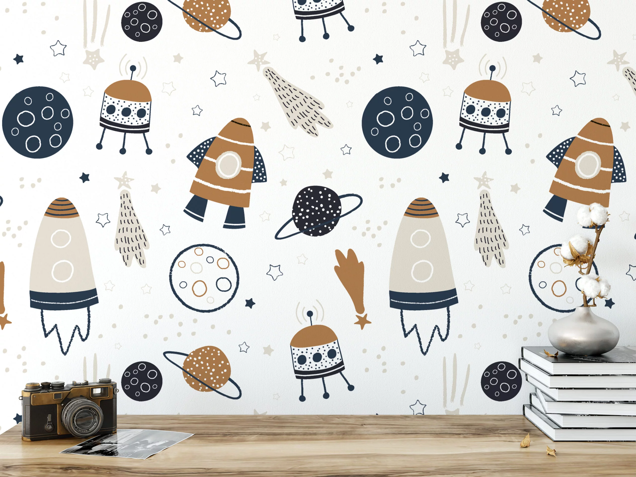 Nursery Cute Rockets And Planets Illustration Wallpaper, Astronomical Nursery Decor Peel & Stick Wall Mural