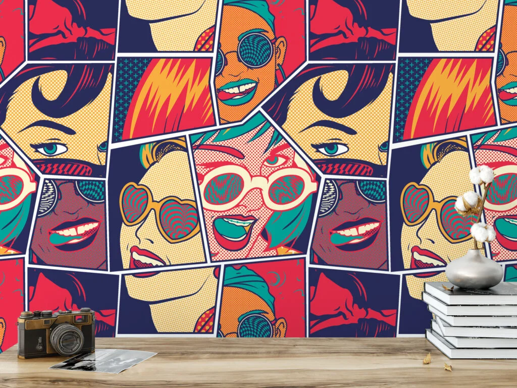 Retro Comic Book Pages With Faces Pattern Illustration Wallpaper, Retro Pop Art Faces Peel & Stick Wall Mural