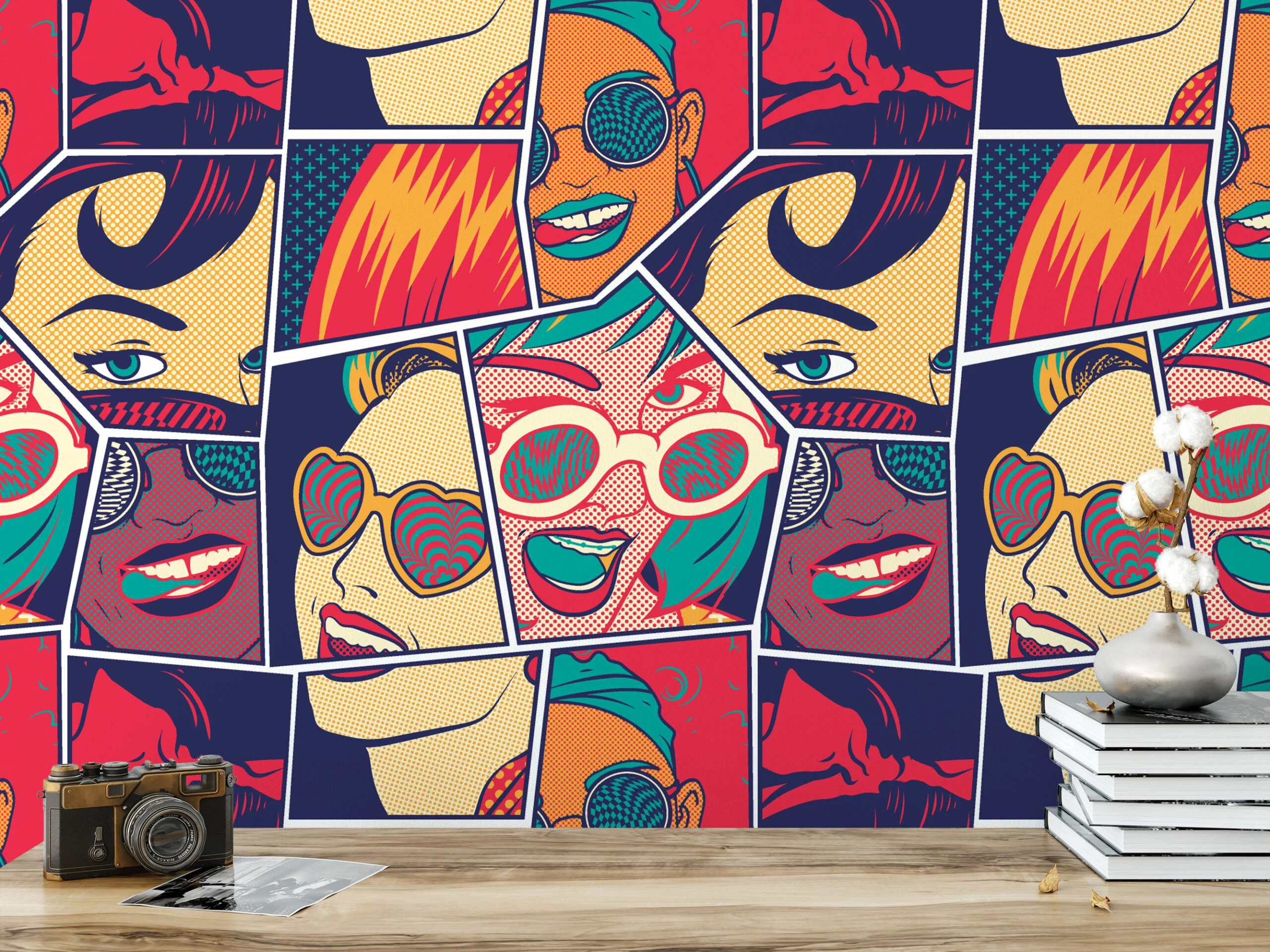 Retro Comic Book Pages With Faces Pattern Illustration Wallpaper, Retro Pop Art Faces Peel & Stick Wall Mural