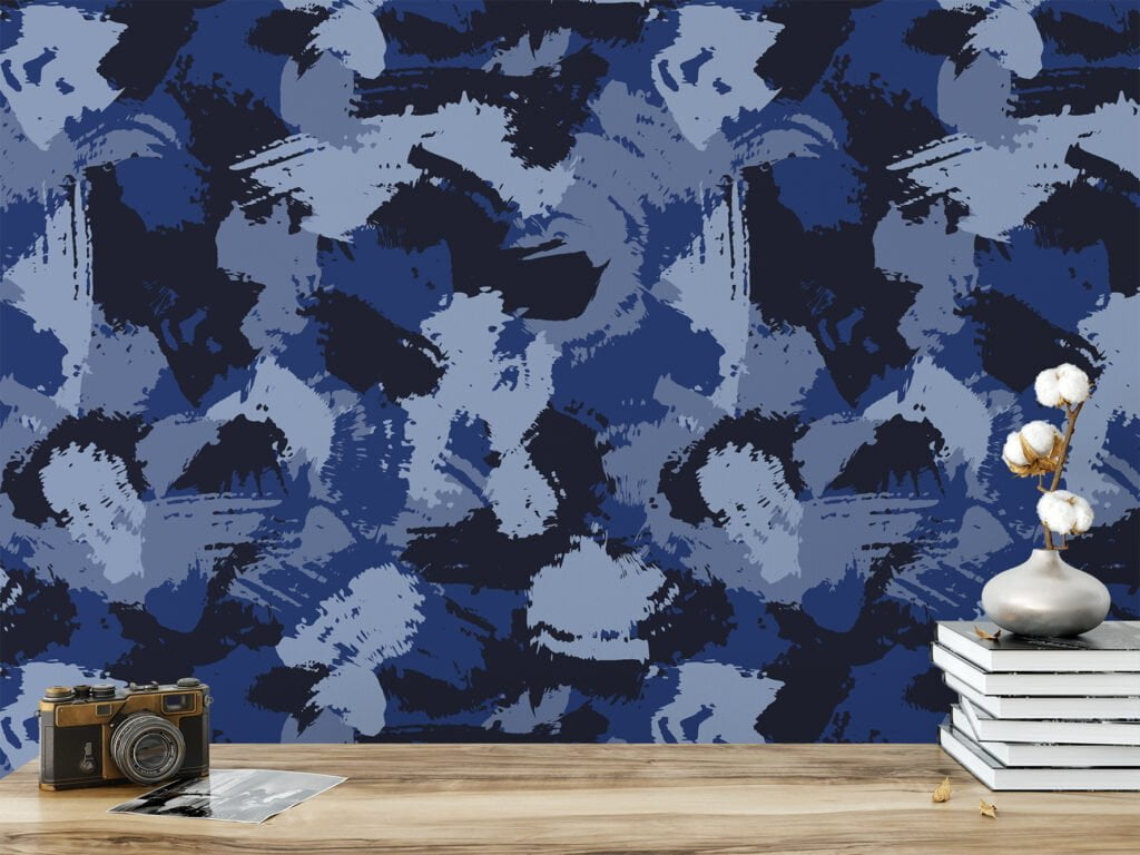 Blue Shades Camouflage Brush Strokes Illustration Wallpaper, Abstract Navy Blue Peel & Stick Wall Mural