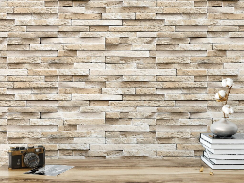 Beige Stone Brick Wall Wallpaper, Classic Limestone Brick Faux Peel & Stick Wall Mural