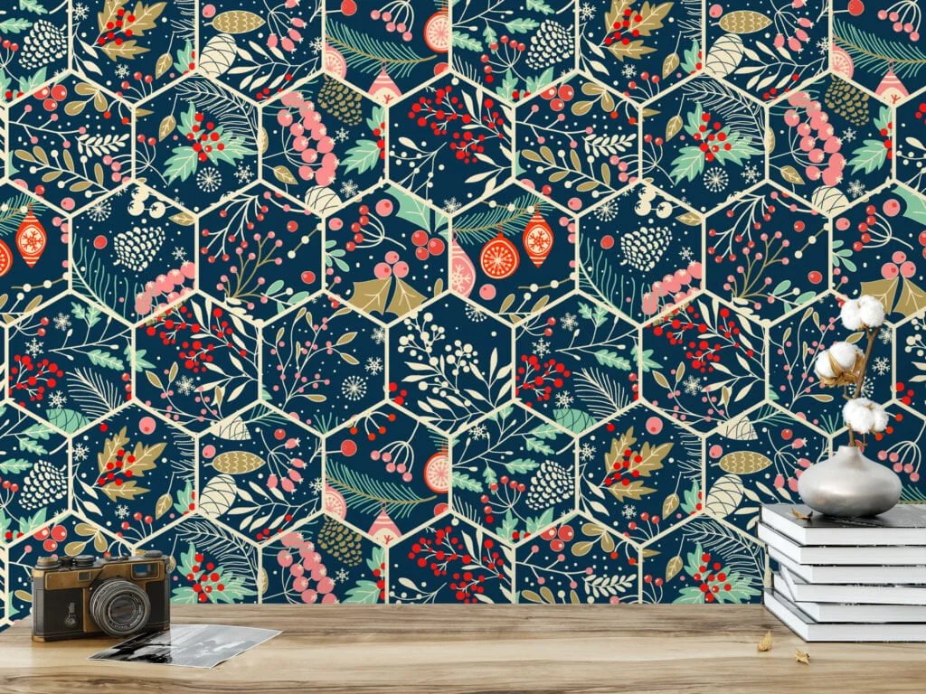 Holiday Leaves Hexagon Pattern Illustration Wallpaper, Geometric Botanical Mosaic Peel & Stick Wall Mural