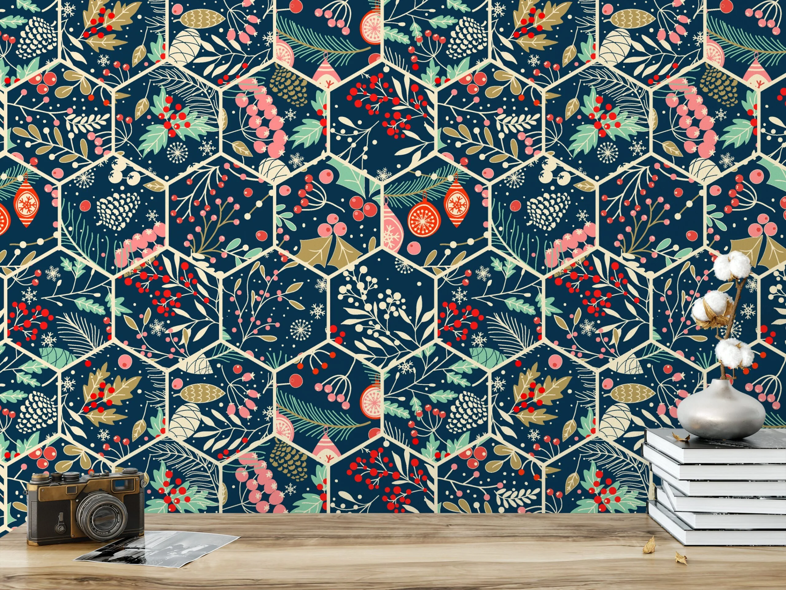 Holiday Leaves Hexagon Pattern Illustration Wallpaper, Geometric Botanical Mosaic Peel & Stick Wall Mural