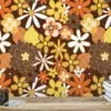 70's Style Large Yellow And Orange Flowers Illustration Wallpaper, Retro Autumn Floral Peel & Stick Wall Mural