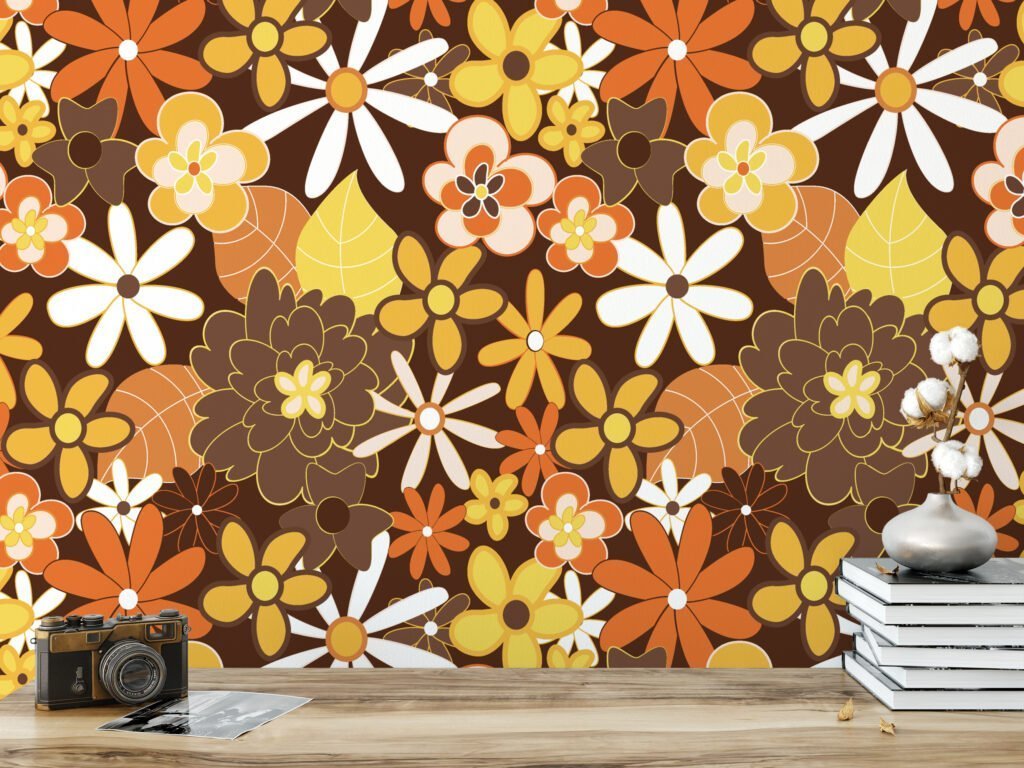 70's Style Large Yellow And Orange Flowers Illustration Wallpaper, Retro Autumn Floral Peel & Stick Wall Mural