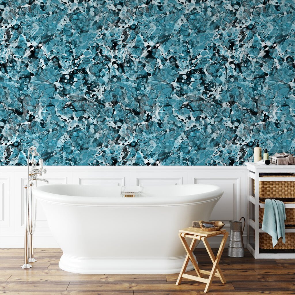 Abstract Blue Ink shapes Illustration Wallpaper, Contemporary Fluid Art Peel & Stick Wall Mural