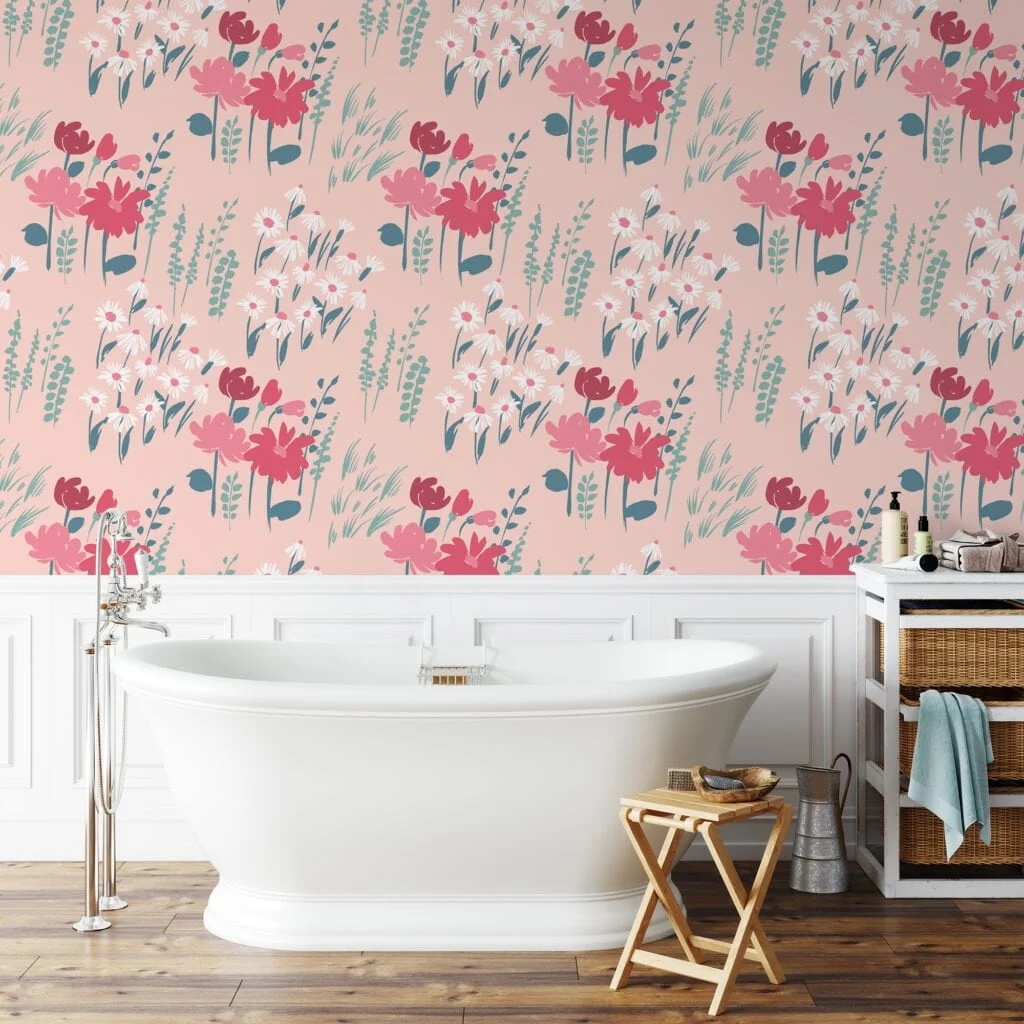 Pink Flat Art Flowers And Bouquets Illustration Wallpaper, Blushing Florals Peel & Stick Wall Mural