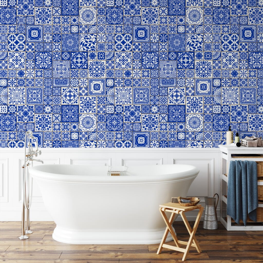 Blue And White Traditional Mosaic Style Pattern Illustration Wallpaper, Timeless Vintage Peel & Stick Wall Mural