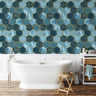 Teal Blue Hexagon Pattern With Gold Colored Highlights Wallpaper, Luxurious Blue Geometric Peel & Stick Wall Mural