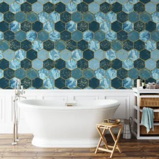 Teal Blue Hexagon Pattern With Gold Colored Highlights Wallpaper, Luxurious Blue Geometric Peel & Stick Wall Mural