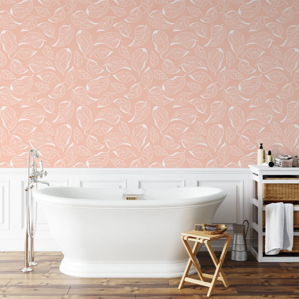 White Leaves Line Art With A Peach Background Illustration Wallpaper, Subtle Elegance Leaf Peel & Stick Wall Mural